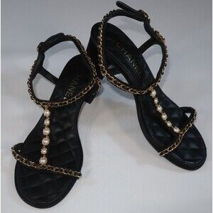 Chanel Black Lambskin Quilted Chain Sandals Pearl Heels T Strap 2022 Size 36 6